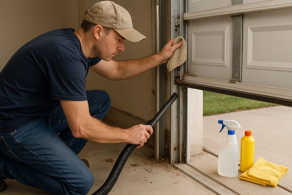 Man performing garage door maintenance by vacuuming debris and wiping the lower track and frame, with cleaning supplies placed nearby.