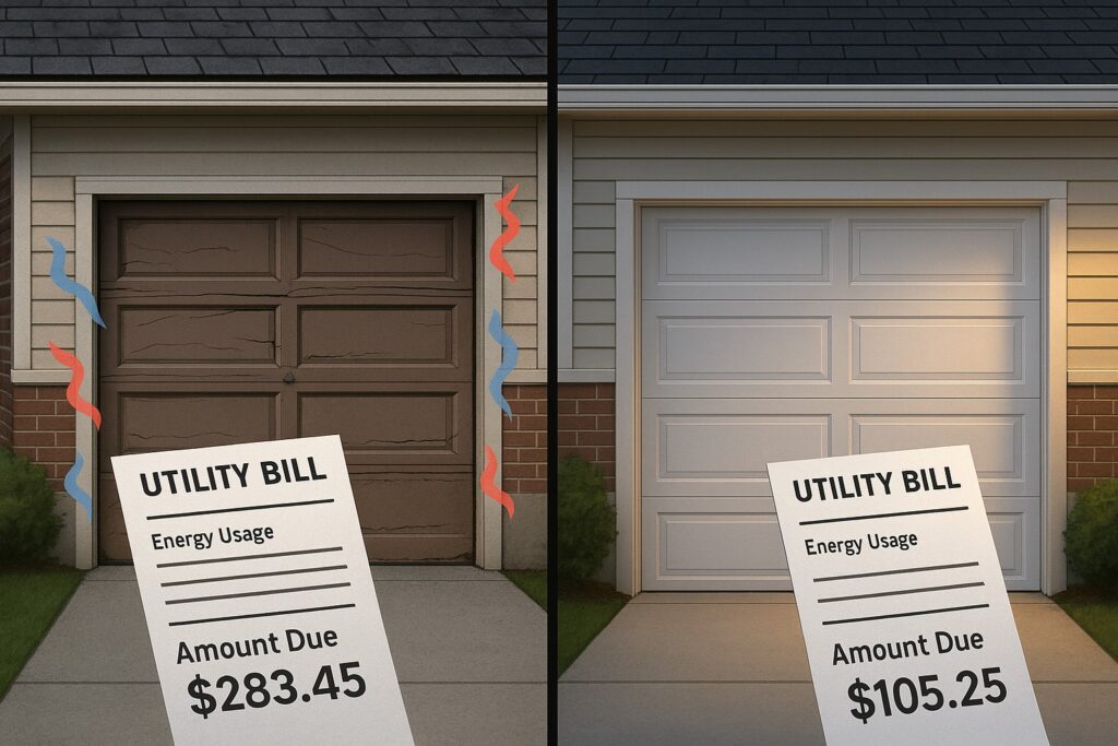 Comparison of two garages showing energy savings after repair garage door, with old door causing higher utility bill and new insulated door lowering costs.