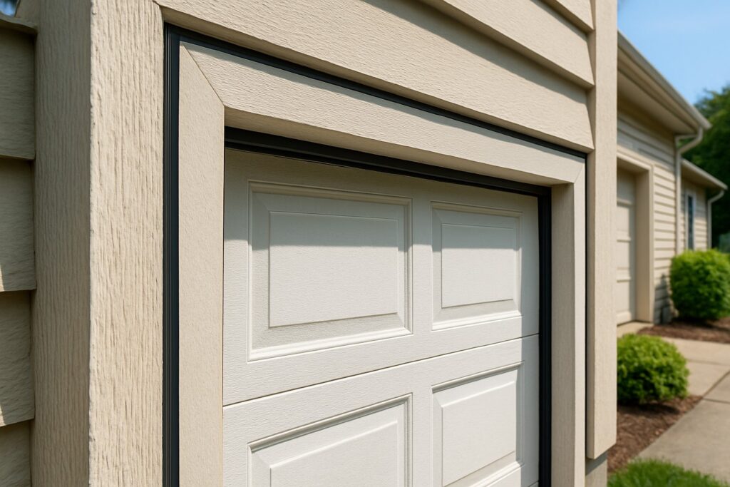 Technician installing garage door weather stripping