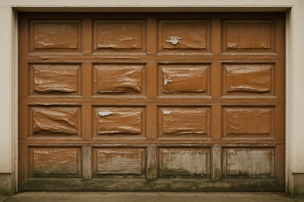 Damaged wooden garage door with peeling paint in need of garage door repairs.
