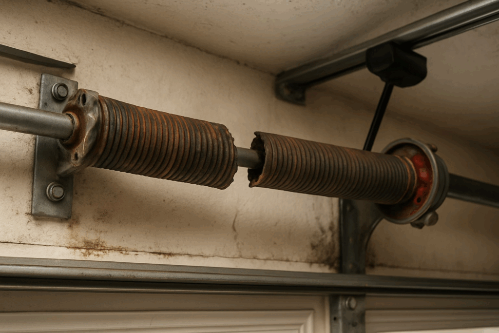 Broken garage door spring requiring professional garage door repairs.