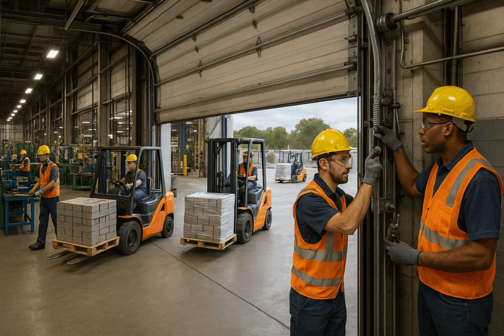Technicians inspecting warehouse entrance while forklifts operate during commercial garage door repair.