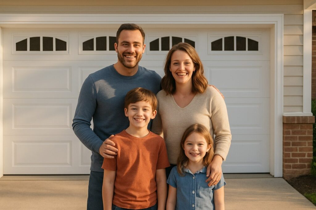 Smiling family standing together in front of their clean, well-maintained garage door, representing home comfort, safety, and curb appeal.