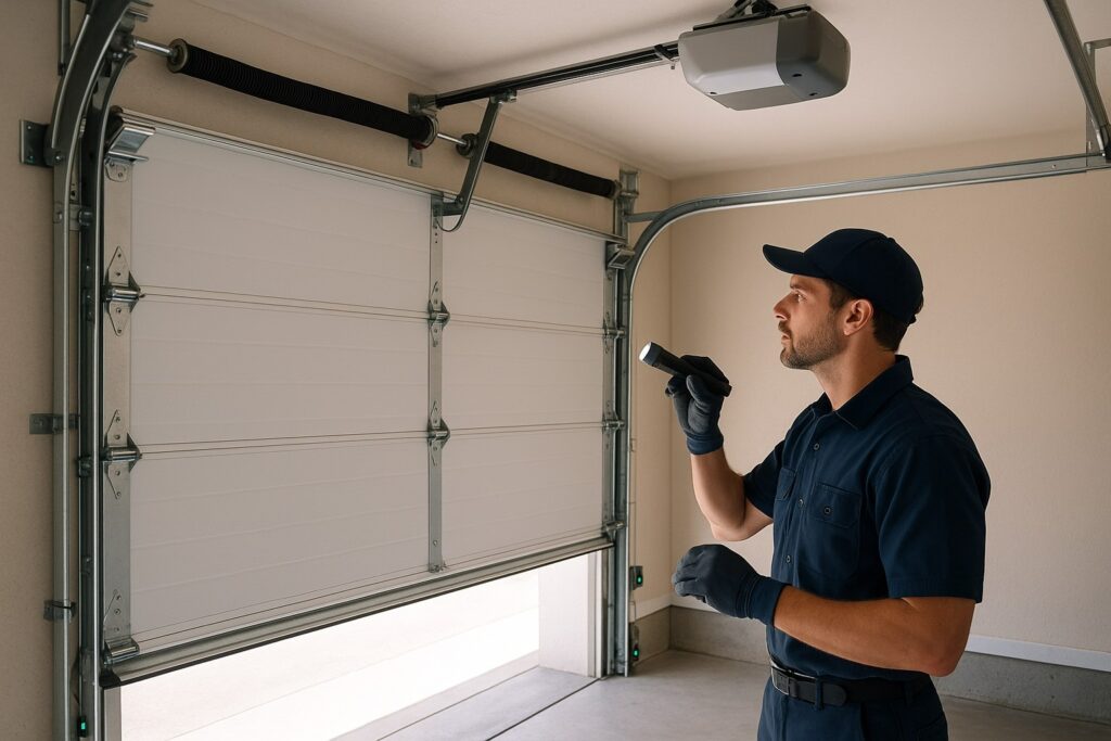 Garage Door Maintenance technician inspecting torsion springs and opener system with a flashlight to ensure safe and smooth door operation.