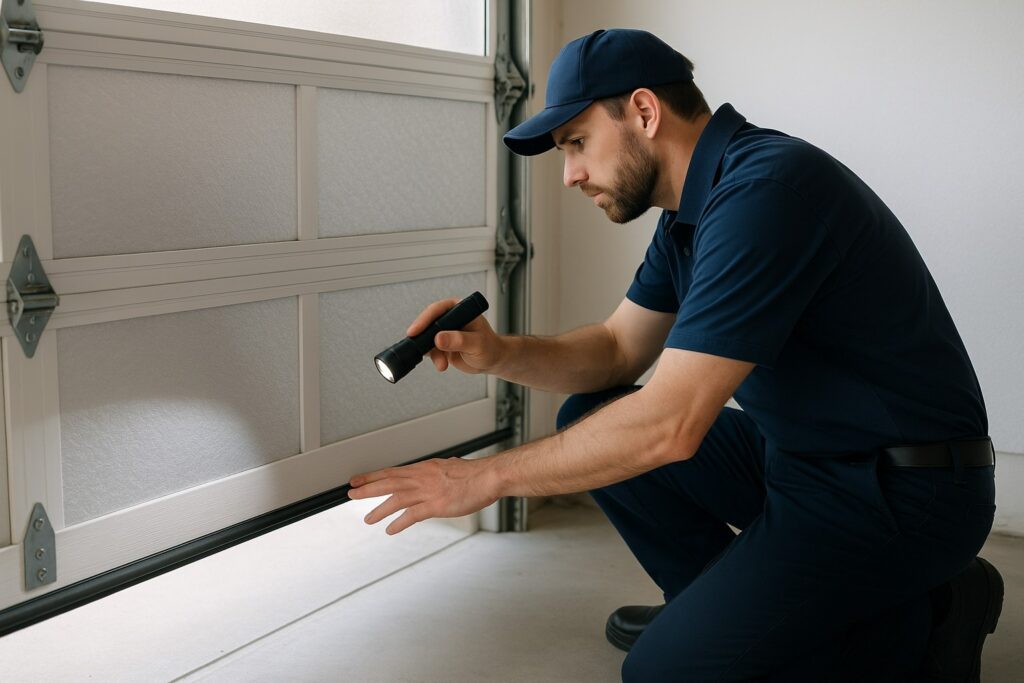 Technician performing a garage door tune-up, inspecting the bottom seal for proper alignment and weather protection.