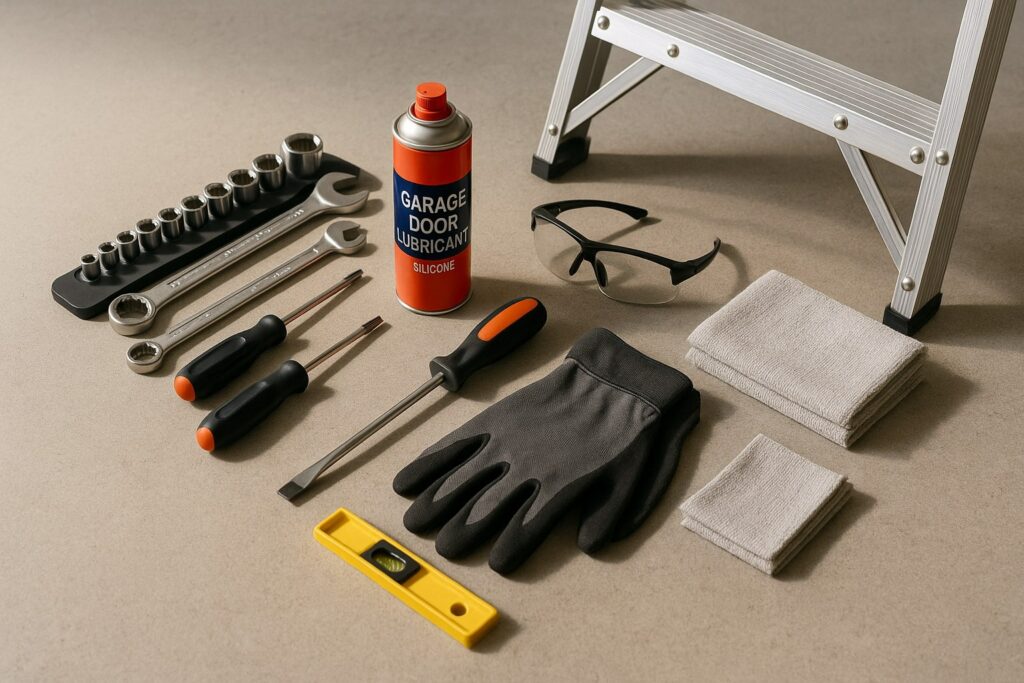 A collection of tools and supplies used for maintaining automatic garage doors, including lubricant, gloves, screwdrivers, and safety glasses.